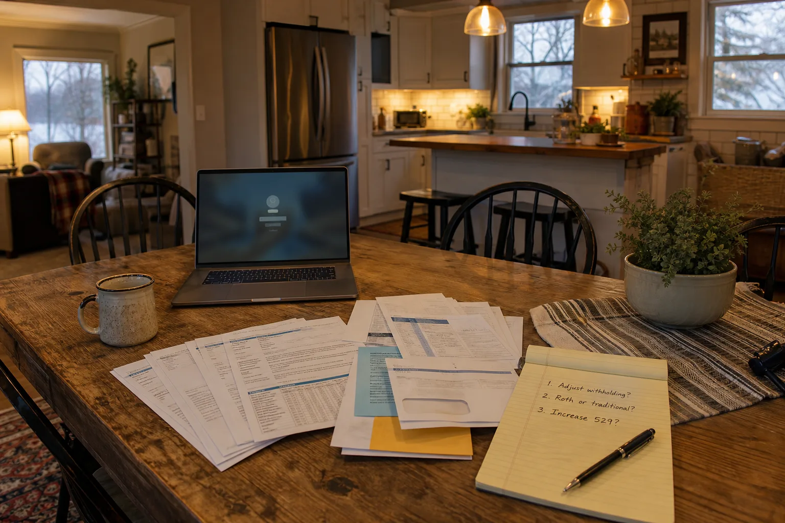 A kitchen table in late winter with a stack of opened mail including annual statements and tax forms, a laptop showing a login screen, and a handwritten list...