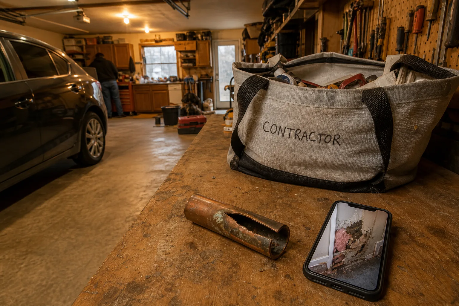 A labeled contractor bag and a cut section of failed copper pipe set on a garage workbench beside a phone showing a photograph of a water-damaged wall