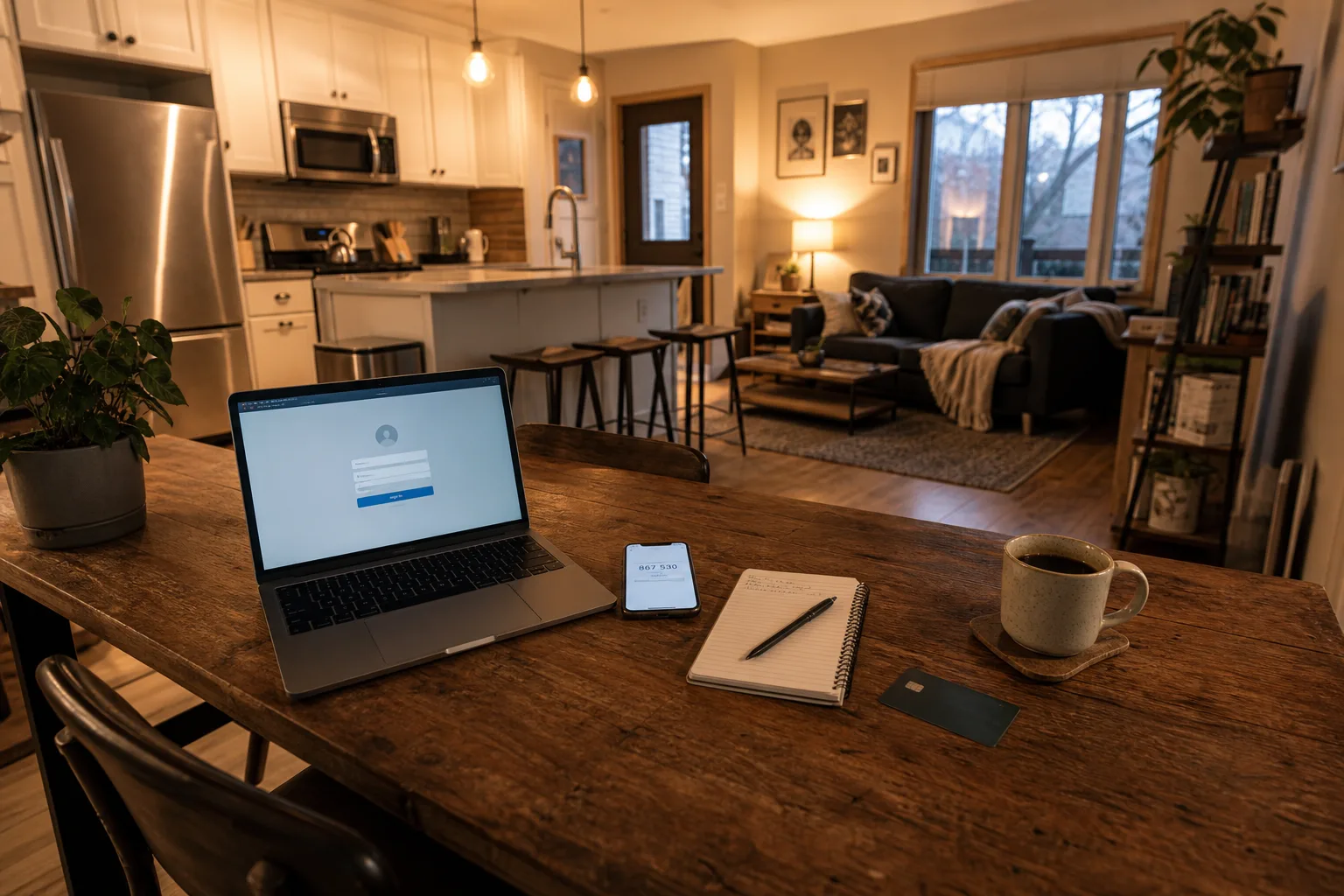 A kitchen table with an open laptop showing a sign-in screen, a smartphone displaying a verification code, a small paper notebook, and a credit card set besi...