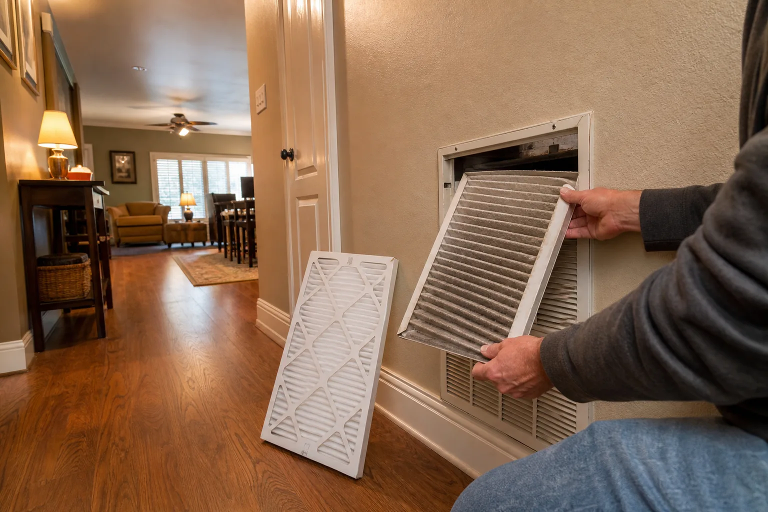 A pleated furnace filter being pulled from a return air vent in a hallway wall, visibly gray with dust, held by a homeowner's hands, with a clean replacement...