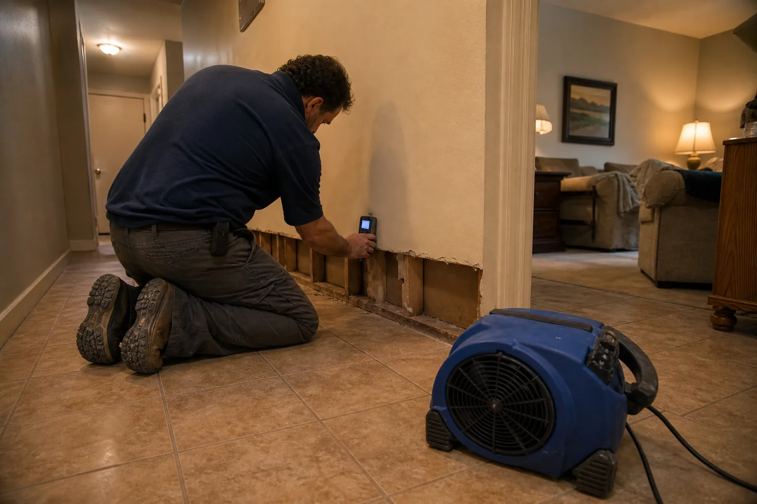 A moisture meter pressed against the bottom edge of a drywall section in a residential hallway, with baseboard trim removed and a low-profile air mover on th...
