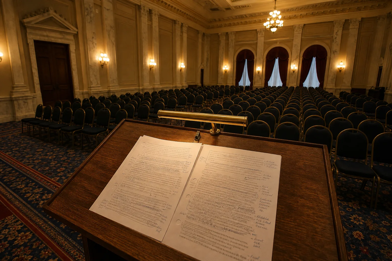 A marked-up speech manuscript on a lectern, pages annotated in pen with breath marks and underlines, seen from the speaker's position with an empty auditoriu...
