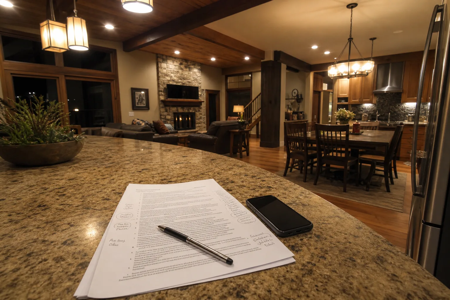 A printed scope of work document on a kitchen counter with handwritten margin notes and a pen resting across it, a phone face up beside it