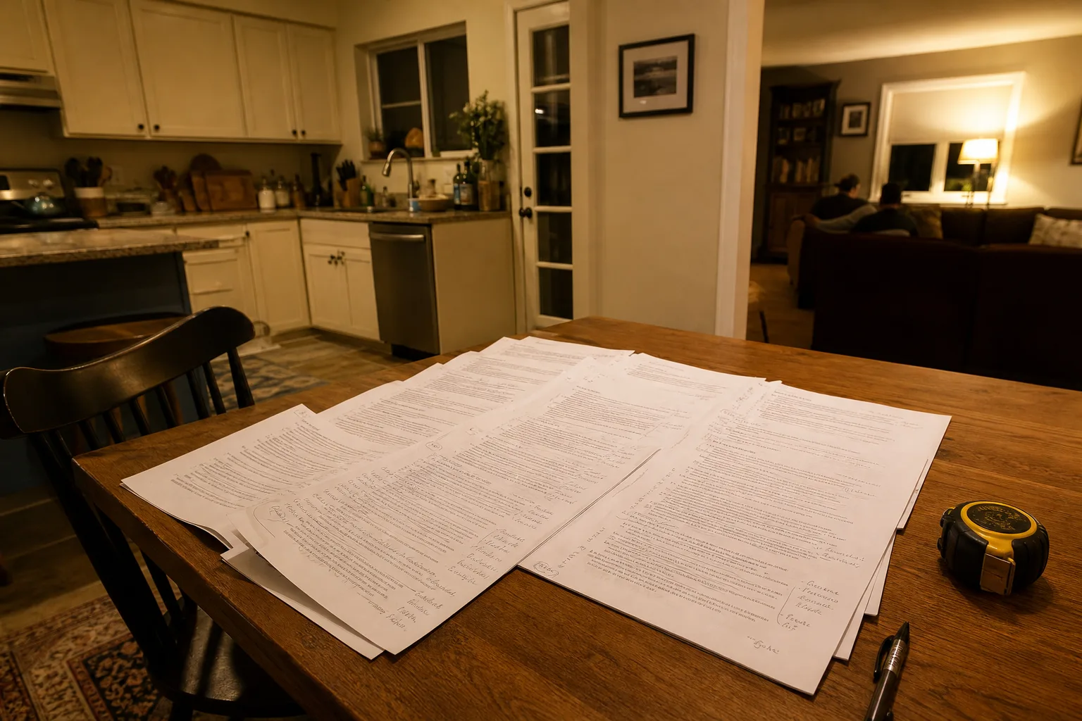 A printed multi-page construction scope of work document spread across a kitchen table beside a tape measure and a pen, with handwritten margin notes and sev...
