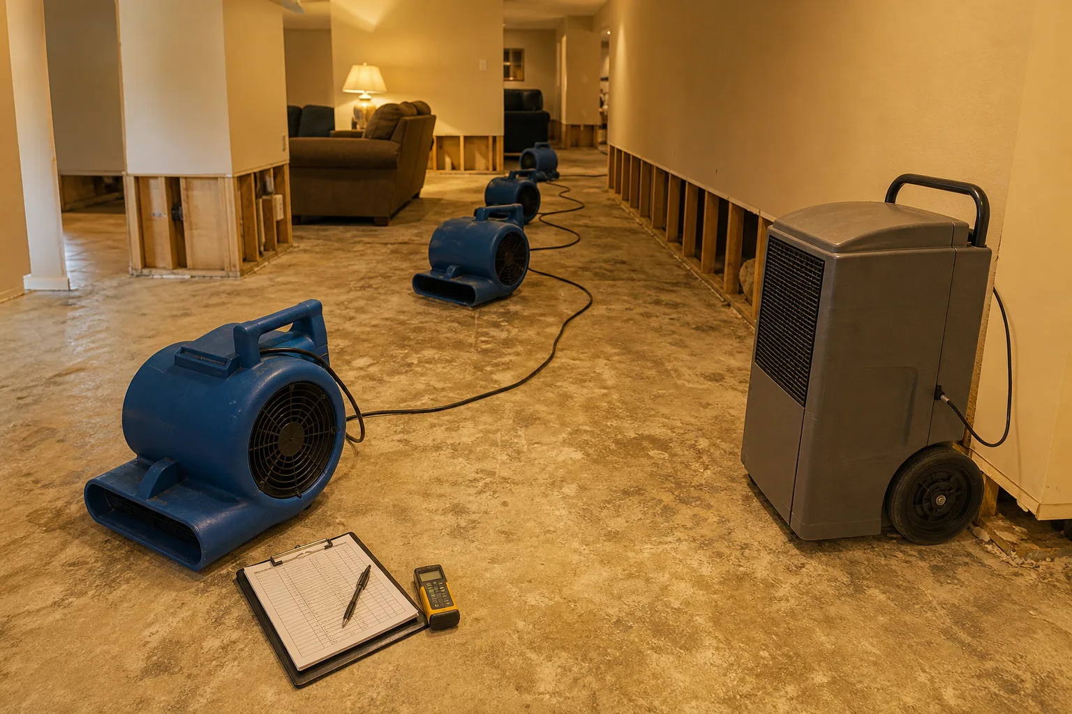 A row of air movers and a dehumidifier running on a stripped residential floor with baseboard removed, a moisture meter and a clipboard log resting nearby