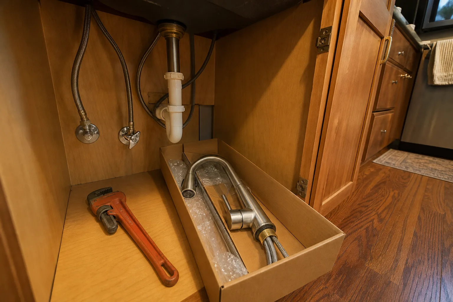 The underside of a kitchen sink cabinet with an older chrome angle stop valve, braided supply lines, and a pipe wrench resting on the cabinet floor beside a...